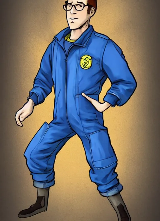 Image similar to scott the woz as a vault dweller in fallout, wearing a blue vault dweller jumpsuit, beautiful high quality realistic game concept art, trending on artstation by ilya nazarov