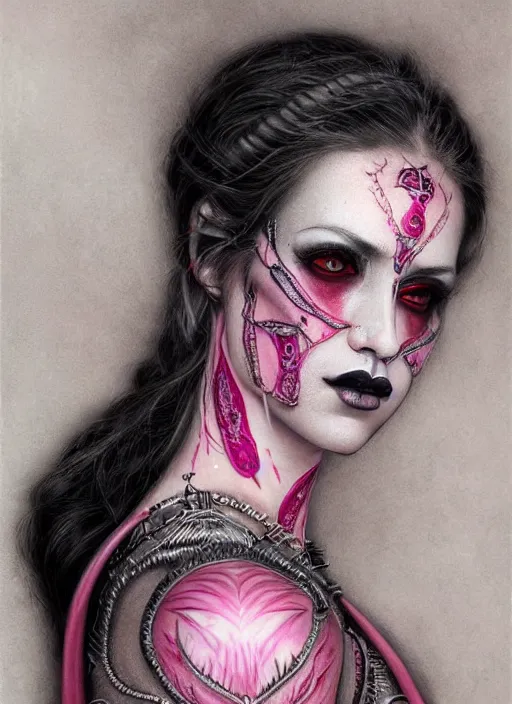 Image similar to portrait of pink vampire, symmetric, facepaint facepaint facepaint, intricate jewelry, trending on artstation 4 k, high quality, in the style of karol bak and tom bagshaw, tattoos
