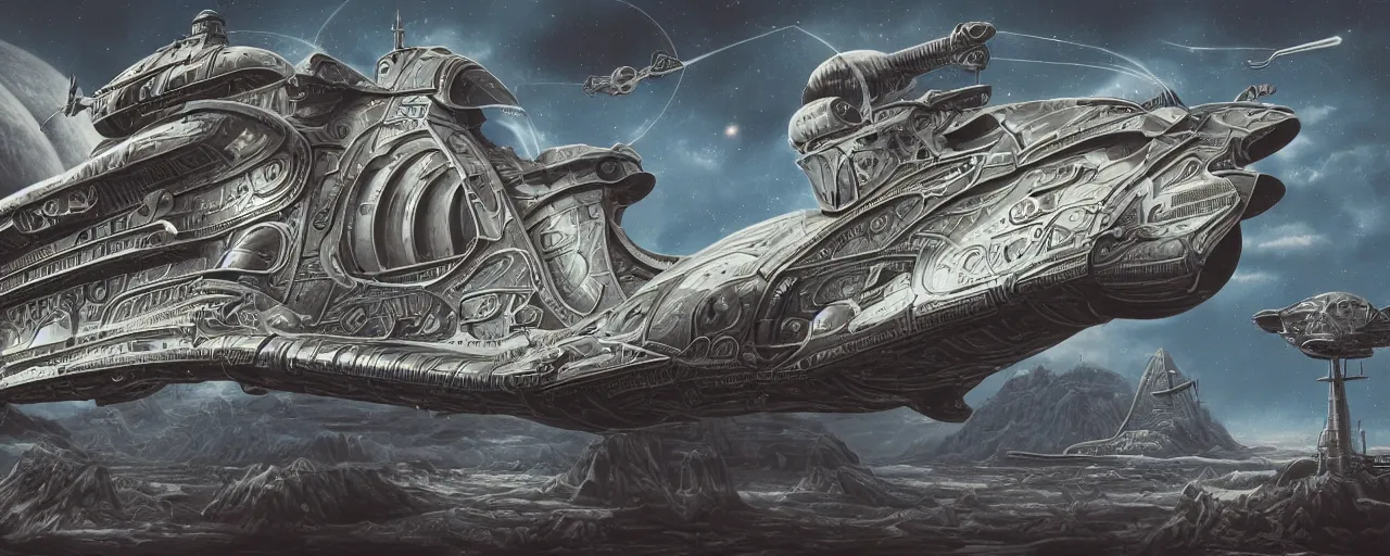 Image similar to By Jim bush and ed repka, air brush illustration, matte painting of a vintage alien ship landing on an alien planet, human astronauts making first contact, ornate pattern on the ship, retro futuristic, science fantasy, symmetry accurate features, very intricate details, artstation