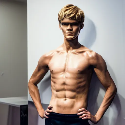 Image similar to a realistic detailed photo of a guy who is an attractive humanoid who is half robot and half humanoid, who is a male android, soccer player martin ødegaard, shiny skin, posing like a statue, blank stare, in a living room, on display, showing off his muscles, with a twin