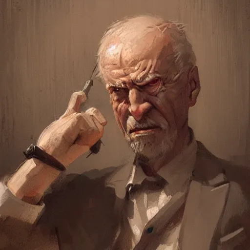 Prompt: old man portrait, throwing hand grenade, greg rutkowski art