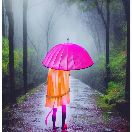 Image similar to photo of kitsune, very detailed, neon, pink, japan, forest, rain, umbrella, ultra, fashion