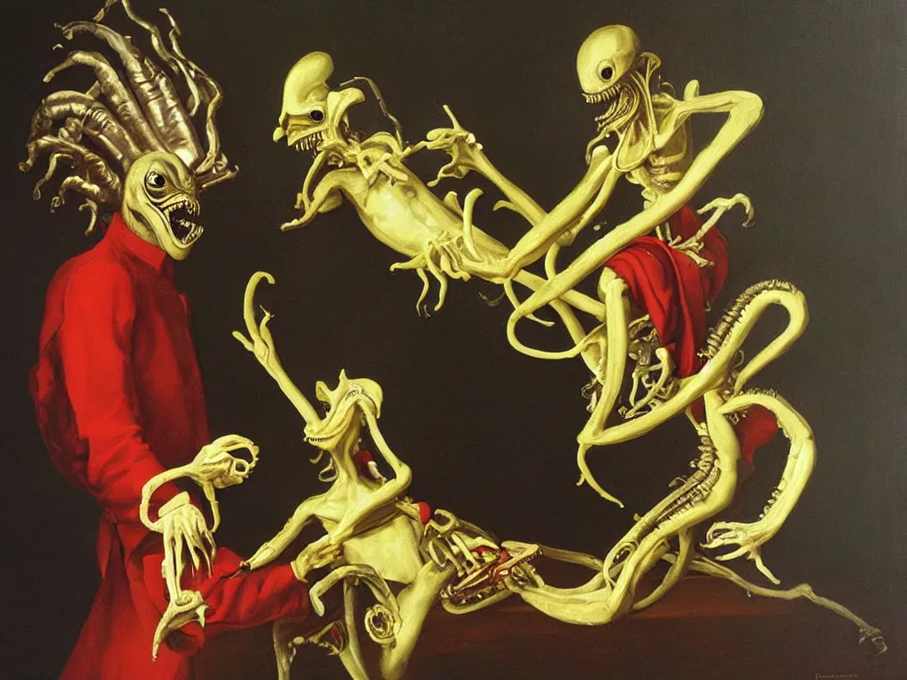 Image similar to “high quality oil painting of Mozart and xenomorph performing a duet for the muppets”