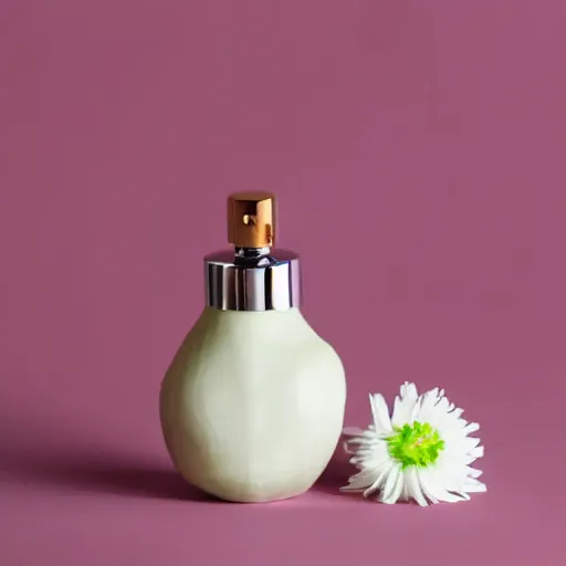 Image similar to perfume bottle surrounded by white flowers, green leaves, and pears, soft zen minimalist, white background, bright, crisp