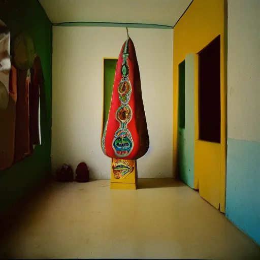 Prompt: a bright color photography of an ethnographic object in a white room, leica m 6