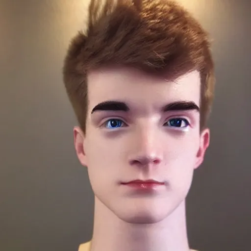 Image similar to “a realistic detailed photo of a guy who is an attractive humanoid who is half robot and half humanoid, who is a male android, twitch streamer Ninja Tyler Blevins, shiny skin, posing like a statue, blank stare, gaming room, close up”