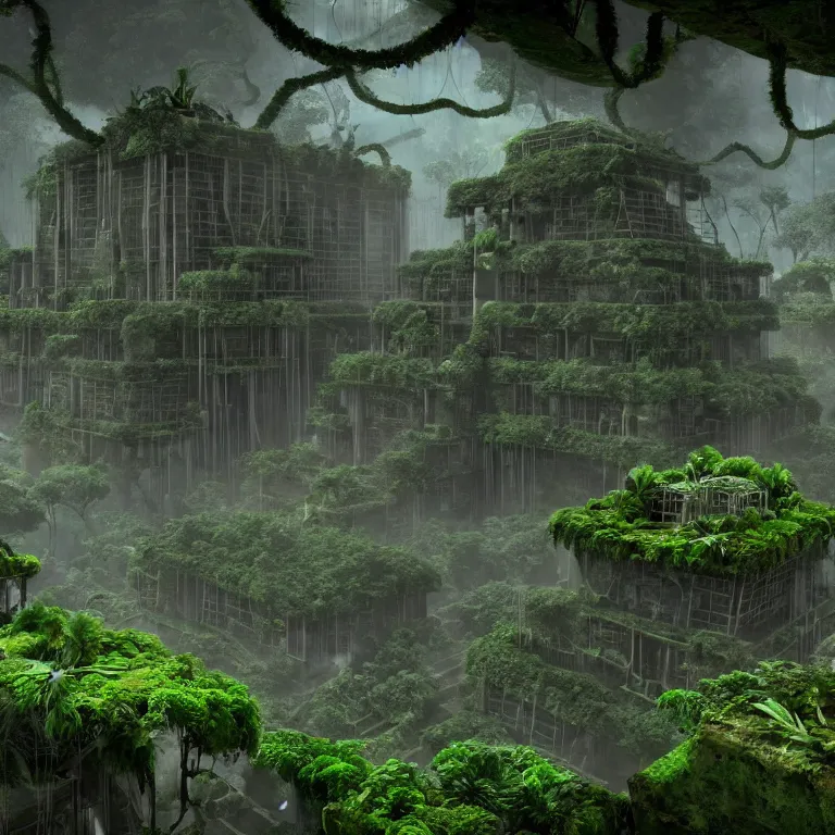 Image similar to a lost ancient mayan futuristic city in the jungle with vines and moss covering the ruins mysterious enigmatic unreal engine 4 k by iain mccaig and jan toorop