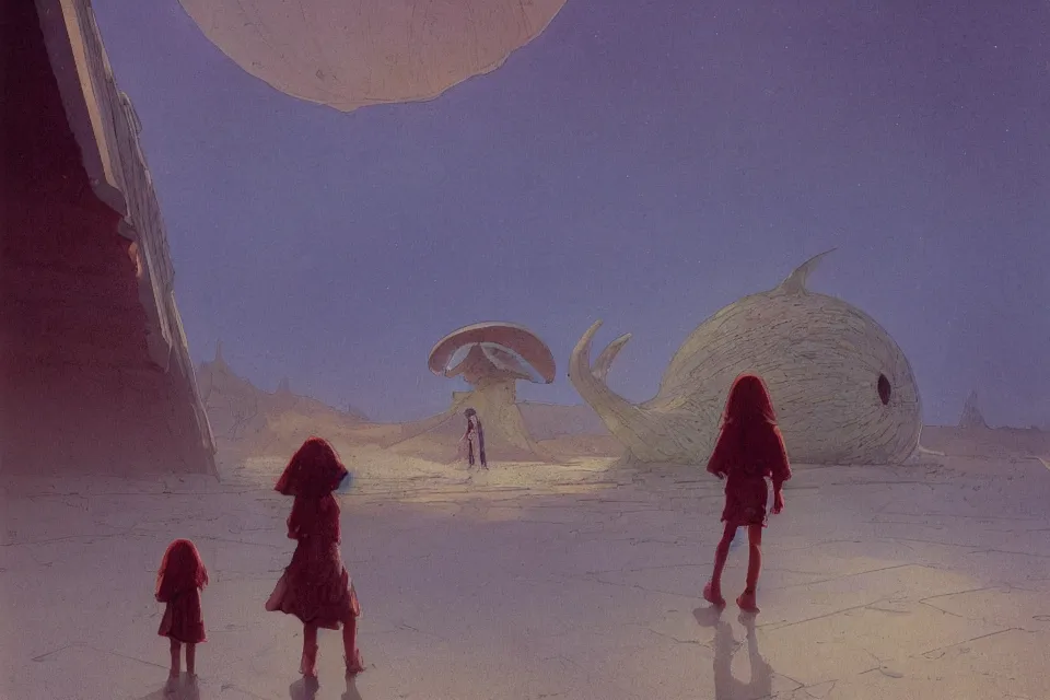 Image similar to atmospheric painting of a giant seashell house, a young girl stands outside, by moebius and john harris, atmospheric, concept art, saturation 8