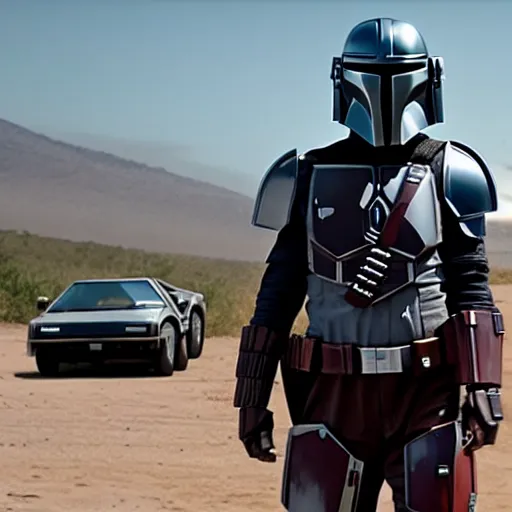 Prompt: stunning awe inspiring the mandalorian standing next to a delorean, movie still 8 k hdr atmospheric lighting