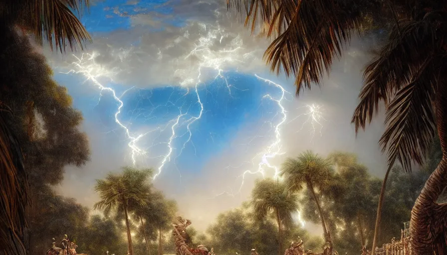 Image similar to a ultradetailed beautiful painting of the thundertorm sky of amazonas palace balustrade designed by gustave dore, derek zabrocki, greg rutkowski, belsinski, beach, trending on artstation, mediterranean, palm trees, sharp focus, colorful refracted sparkles and lines, soft light, 8 k 4 k