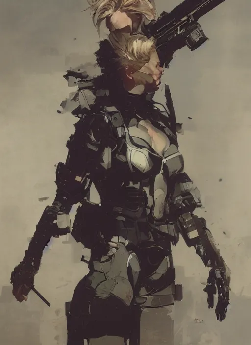 Prompt: Margot Robbie wearing metal gear armor holding gun dramatic lighting art by Yoji Shinkawa by Richard Schmid by greg rutkowski by Sandra Chevrier by Jeremy Lipking cinematic dramatic