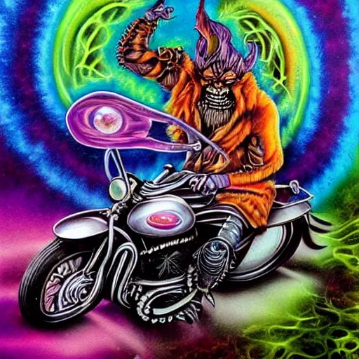 Image similar to psychedelic airbrush art of an orc driving a motorcycle