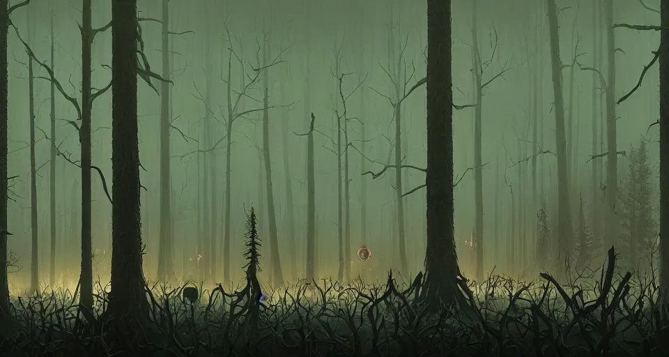 Image similar to A dense and dark enchanted forest with a swamp, by simon stalenhag