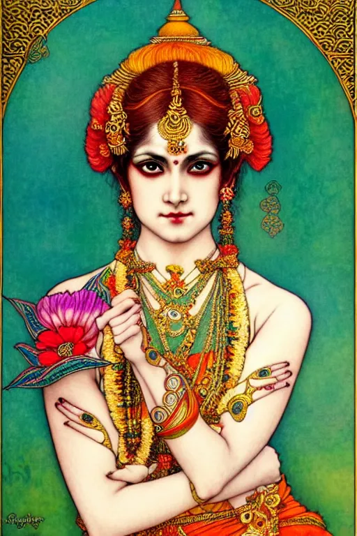 Image similar to beautiful and playful ginger hindu dancer, art nouveau, fantasy, intricate indian flower designs, elegant, delicate hands, highly detailed, sharp focus, art by chie yoshii