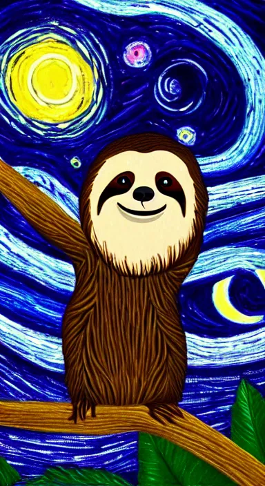 Image similar to a cute sloth hanging on a tree on a starry night, made of bright colored thick flowing dramatic brush strokes, matte colors, trending on artstation