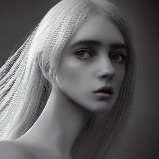 Image similar to A young beautiful female angelic-extraterrestrial-cyborg face with a very long neck, big clear eyes, thin nose, big lips, hair floating in the wind, Realistic, Refined, Digital Art, Pre-Raphaelite, Highly Detailed, Cinematic Lighting, rim light, black and white, high contrast, hyper real, photo-realistic Unreal Engine, 8K