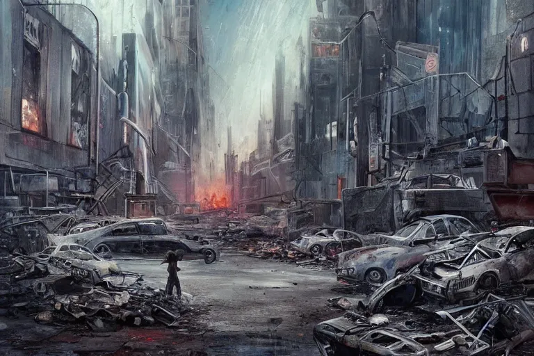 Image similar to the answer to the life!dream a lone wanderer in a dystopian city with lots of debris, cars, and fires, extremely detailed painting