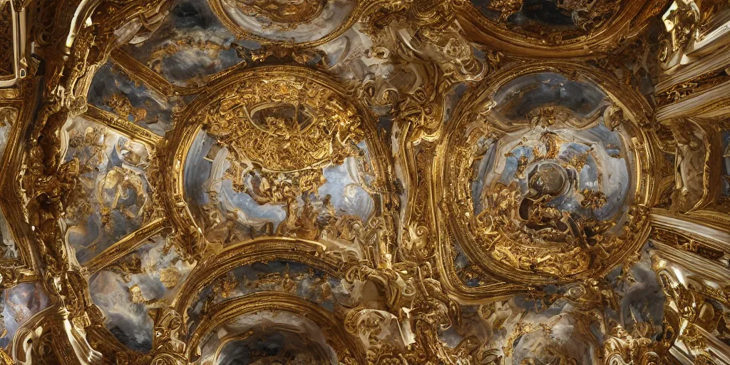 Image similar to beautiful ornate heavenly marble and gold rococo megastructure in the style of heironymus bosch, extremely intricate masterpiece, hyper detailed, realistic heavenly lighting, hd