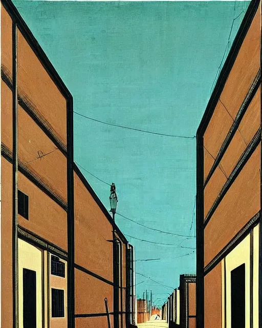 Prompt: empty street on a melancholy rainy night of cyberpunk city de chirico