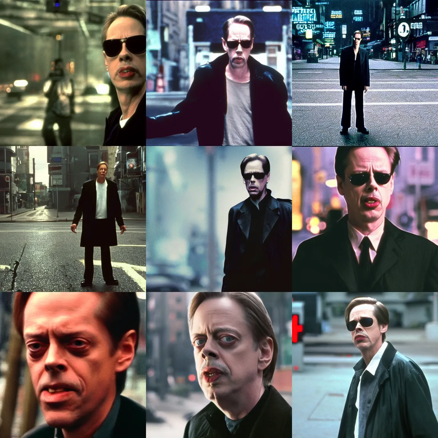 Prompt: film still of Steve Buscemi standing in an intersection in The Matrix, 4k