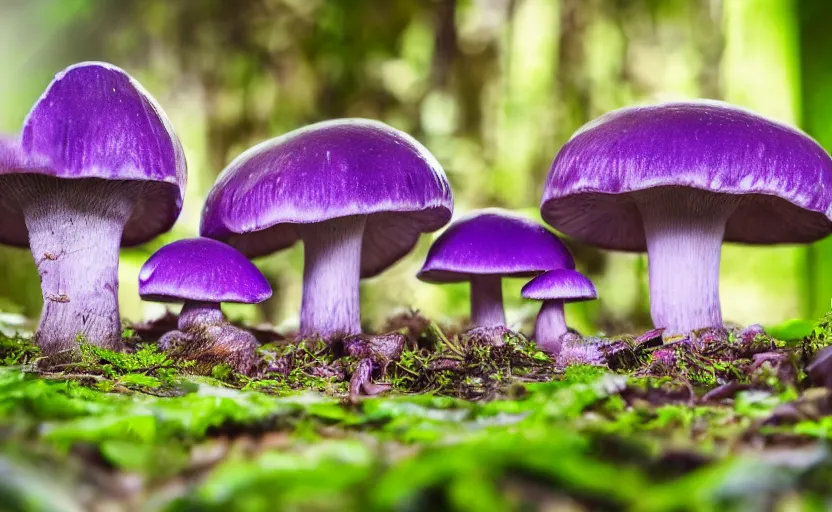 Image similar to a photography of a purple mushroom family in a rainforest, intricate detail, photorealistic