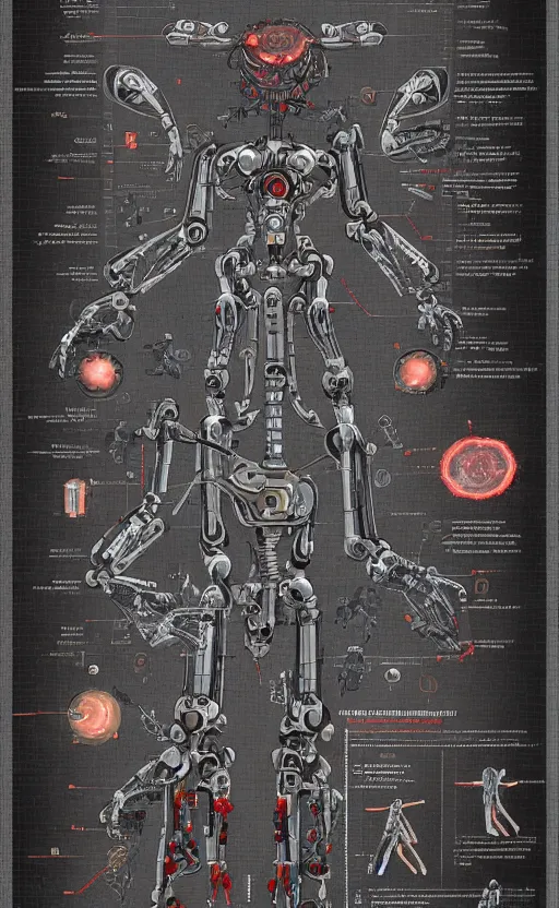 Image similar to anatomy of the terminator, robot, cyborg, t100, bloodborne diagrams, mystical, intricate ornamental tower floral flourishes, rule of thirds, technology meets fantasy, map, infographic, concept art, art station, style of wes anderson