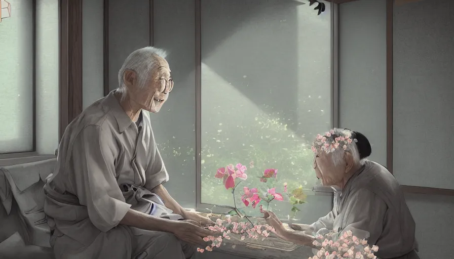 Image similar to old japanese man giving flowers to his wife, japanese house, romantic, drawing, light through windows, hyperdetailed, artstation, cgsociety, 8 k