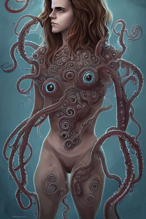 Image similar to Emma Watson evolving into lovecraftian monster, cute, fantasy, intricate, highly detailed, full-body design, tentacles, digital painting, artstation, concept art, smooth, sharp focus, illustration, art by AbyssWolf