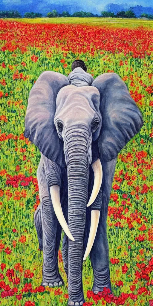 Prompt: painting elephant in field of flowers,