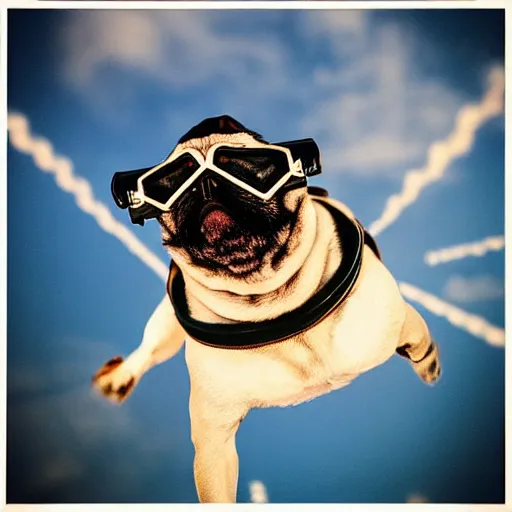 Prompt: “A high quality action photo of a pug with old school brown pilot goggles flying like superman towards the camera, high above NYC, motion blur, high detail, zoomed in, fish eye lense”