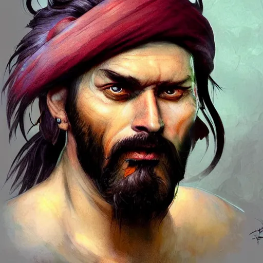 Image similar to painterly bearded pirate, painted fantasy character portrait, headshot, fantasy, highly detailed, digital painting, artstation, concept art, sharp focus, illustration, art by the golden age of American illustration archive, simon bisley and frank frazetta, artgerm and greg rutkowski and alphonse mucha