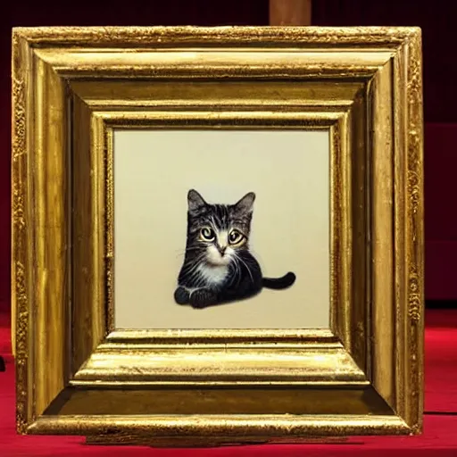 Prompt: highly realistic painting of a little cat alone on a big stage in grand theatre