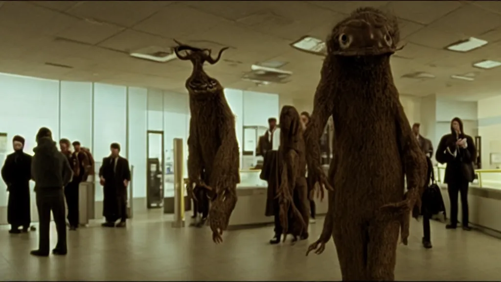 Prompt: the strange! creature! in line at the bank, film still from the movie directed by Denis Villeneuve with art direction by Salvador Dalí, wide lens