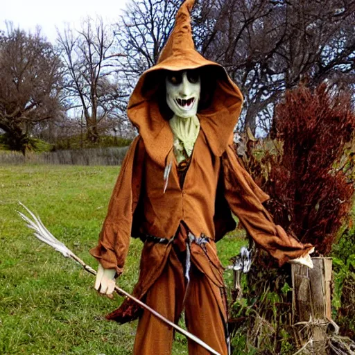 Image similar to elvish scarecrow scaring off goblins