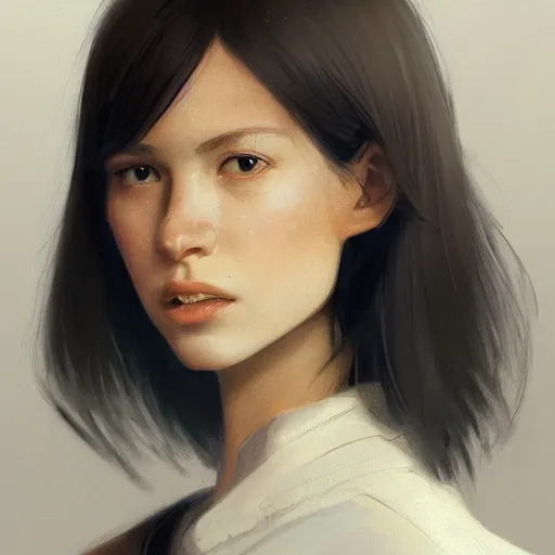 Prompt: portrait of a young woman by greg rutkowski, she is about 2 0 years old, mixture between russian and japanese, pretty, black bob hair with two strands around her face, very tall and slim, wearing a oversized jumper jumpsuit, highly detailed portrait, digital painting, artstation, concept art, smooth, sharp foccus ilustration, artstation hq