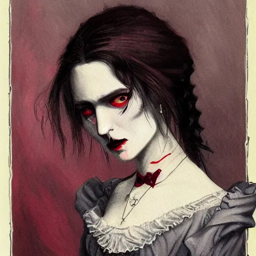 Image similar to head and shoulder professional portrait of a victorian female vampire, painted in the style of bloodborne, interesting color use, vampire fashion, highly detailed, melancholy, vampire teeth