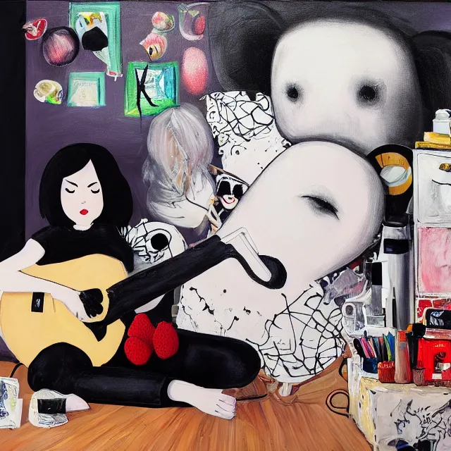 Image similar to a portrait in a female artist's bedroom, black walls, emo girl with a giant pig plushie, sheet music, berries, surgical supplies, pancakes, black flowers, sensual, octopus, neo - expressionism, surrealism, acrylic and spray paint and oilstick on canvas