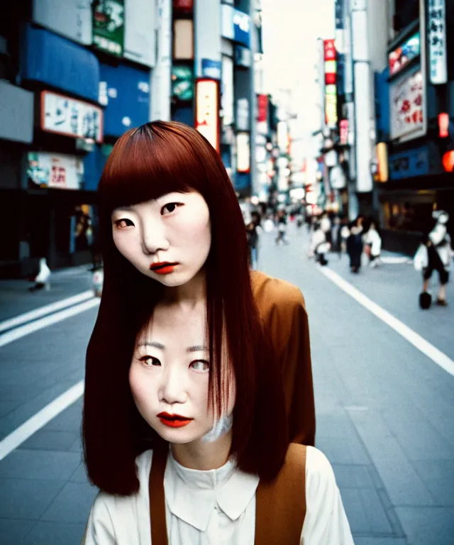 Prompt: a portrait street photograph shot on cinestill 5 0 d, a beautiful japanese woman in 9 0 s fashion with modest make up, hair dyed to a hazelnut brown, shot in shibuya tokyo on a 3 5 mm at f / 2. 8, high quality, print magazine quality, nostalgia, 8 k