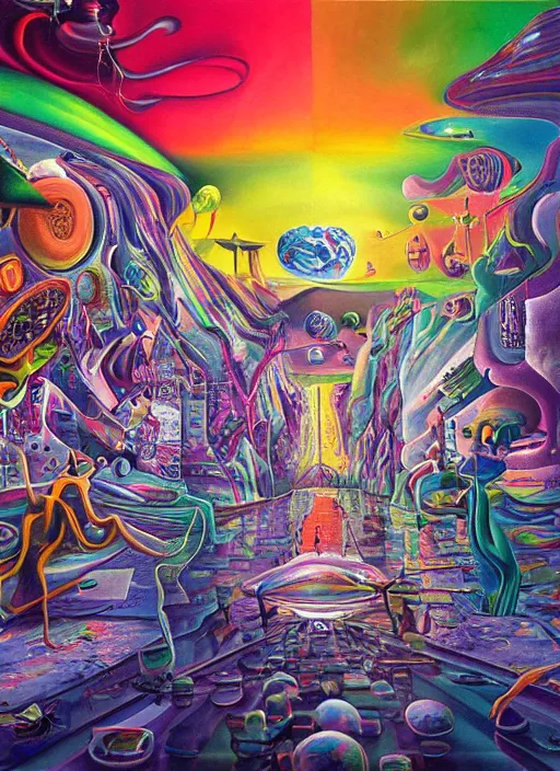 Prompt: an extremely high quality hd surrealism painting of a 3d galactic neon complimentary-colored cartoony surrealism melting optically illusiony city street by kandsky and salvia dali the second, salvador dali's much much much much more talented painter cousin, clear shapes, 8k, ultra realistic, super realistic
