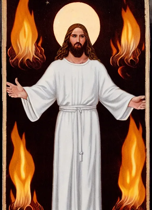 Prompt: « full length portrait of the white - tailed jesus in a white robe and flame in eyes, seven stars in right hand »