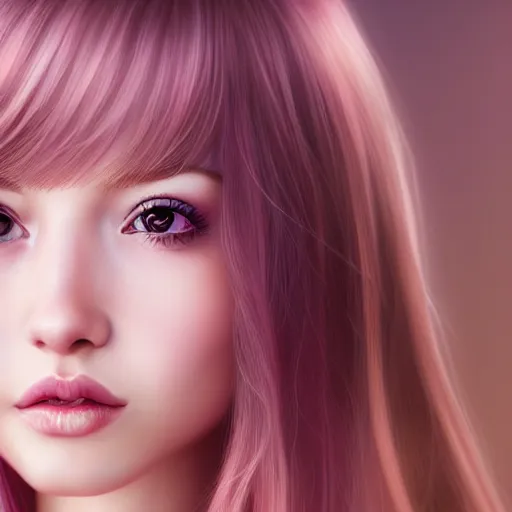 Image similar to beautiful hyperrealism hyperdetailed portrait of nikki from shining nikki dress - up game, a cute young woman, light pink hair, long hair with full bangs, full heart - shaped face, hazel amber eye color, pale skin, light blush, chinese heritage,, smiling softly, golden hour, soft focus, 8 k,