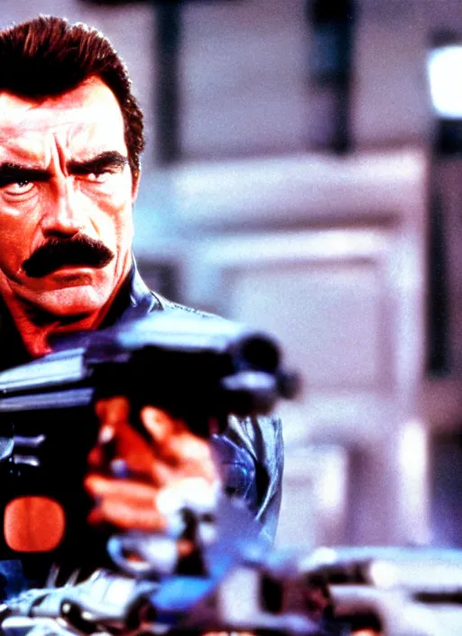 Image similar to film still of tom selleck as the terminator in the terminator, 4 k