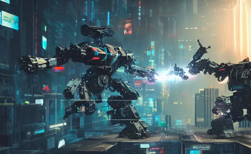 Prompt: an epic fight between two giant weaponized mechs in the middle of a futuristic new york city, futuristic, epic, cinematic, raytracing, cyberpunk, 4 k