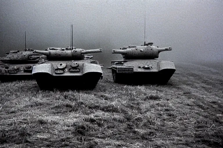 Image similar to flash photograph of russian tanks, accompany by soviet infantry squad, 1985, creepy, haunted, fog, atmospheric, vintage photo