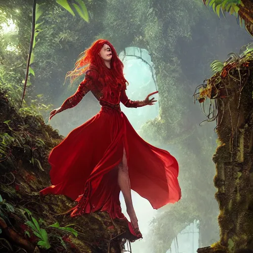 Prompt: a female draconic sorceress with curly red hair wearing a red dress and a red coat exploring the ruins of an abandoned maya city in the jungle, fantasy, highly detailed, digital painting, artstation, concept art, character art, art by greg rutkowski and tyler jacobson and alphonse mucha