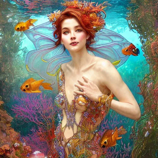 Image similar to portrait of a beautiful fairy woman, submerged underwater filled with colorful small fish and coral reef, fantasy, regal, intricate, by stanley artgerm lau, greg rutkowski, thomas kindkade, alphonse mucha, loish, norman rockwell