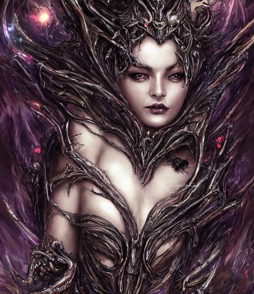 Prompt: close up portrait on the enchanting femenine queen of the zerg, hyper attractive, seductive, very complex, hyper-maximalist, overdetailed, legendary cinematic, darkfantasy, archetype with timeless beauty breathtaking eyes, her spider like legs spread evenly around her framing the image, collossal alien ship in the sky behind her, highly intricate, digital art, very elegant, HDR 8K, biblical art, realism, incomprehensible yet perspicious detail, unbeatable quality, silent hill aesthetic, photorealistic, lifelike, DSLR 8k, unbeatable coherency, Omnious intricate, octane render, created Nixeu & z--ed from deviantart
