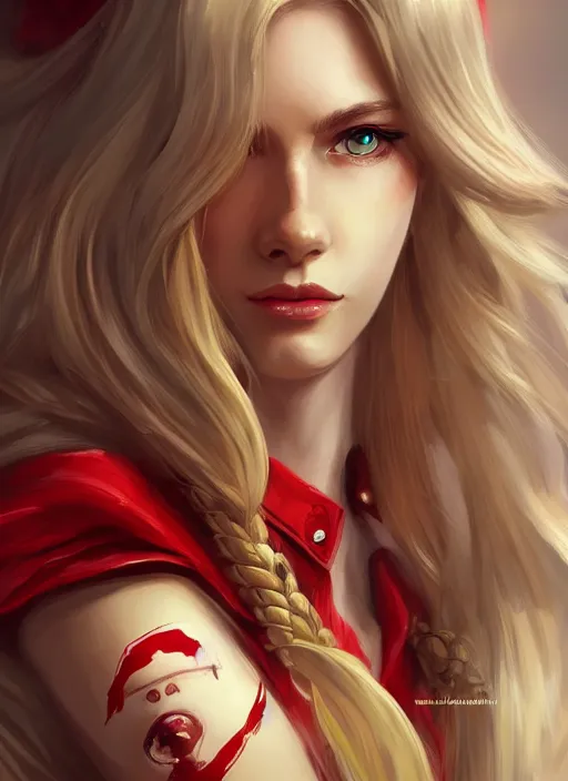 Prompt: a highly detailed illustration of beautiful long dirty blonde haired pale girl wearing red epaulette uniform, red eyes, dramatic smile pose, intricate, elegant, highly detailed, centered, digital painting, artstation, concept art, smooth, sharp focus, league of legends concept art, WLOP