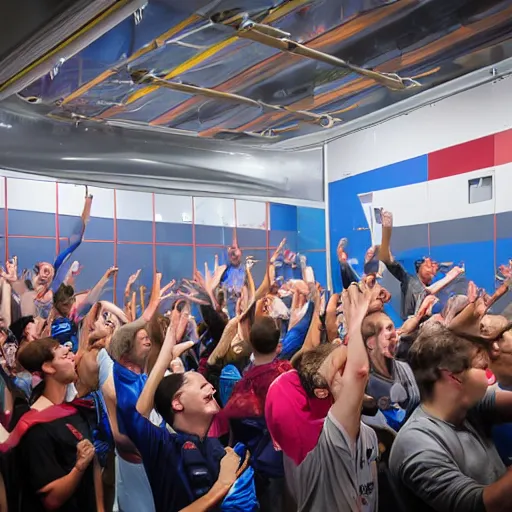 Prompt: photorealistic crowds of happy customers applauding to indoor skydiving instructor demo show in vertical wind tunnel facility tunneltech