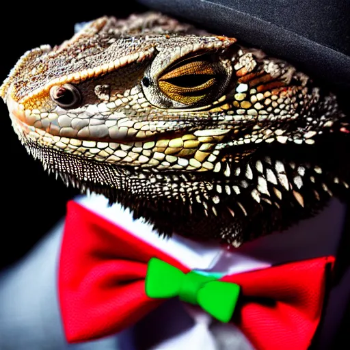 Image similar to dslr portrait still of a bearded dragon wearing a top hat and bow tie, 8 k 8 5 mm f 1. 4